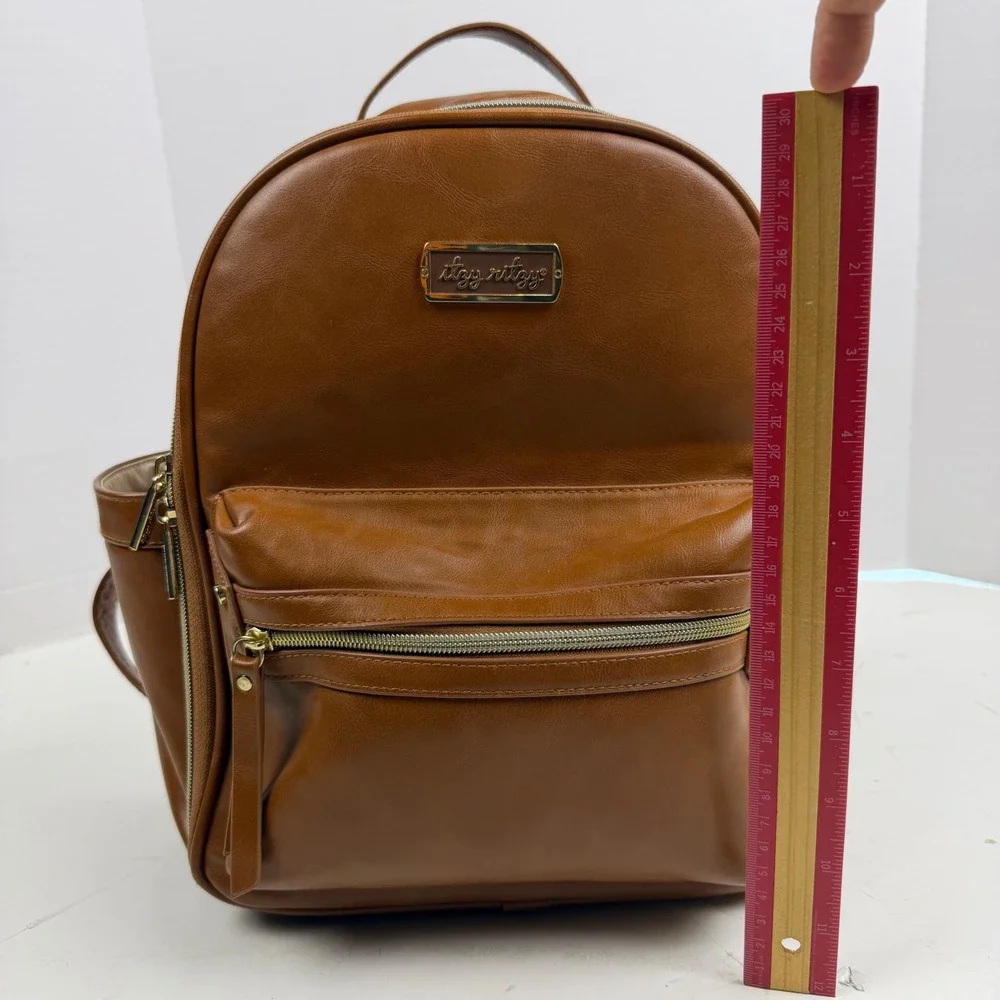 Itzy Ritzy Boss Backpack Diaper Bag Cognac Brown Vegan Leather Gold Hardware